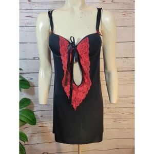 Sempre Sexy Black Red Floral lace Semi Sheer Strappy Nitie Teddy Lingerie B Cup